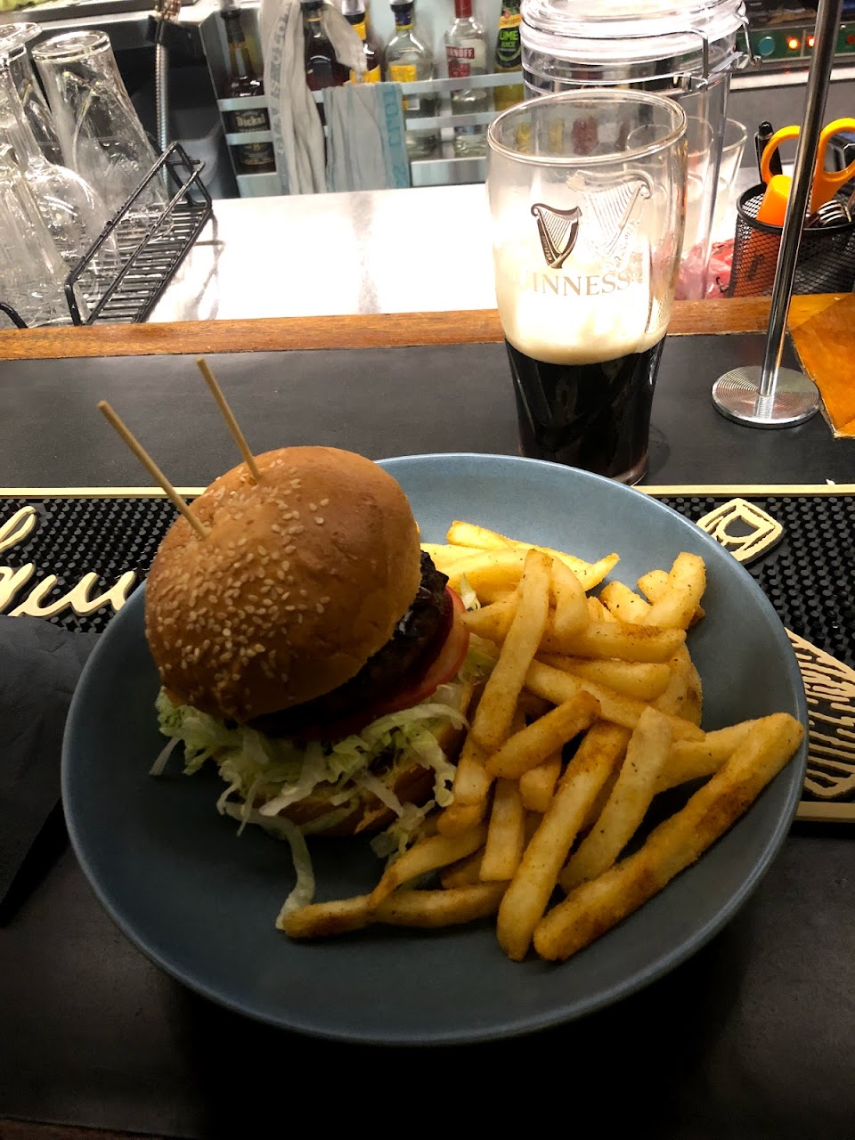 Burger, chips, and beer at Fortune of War